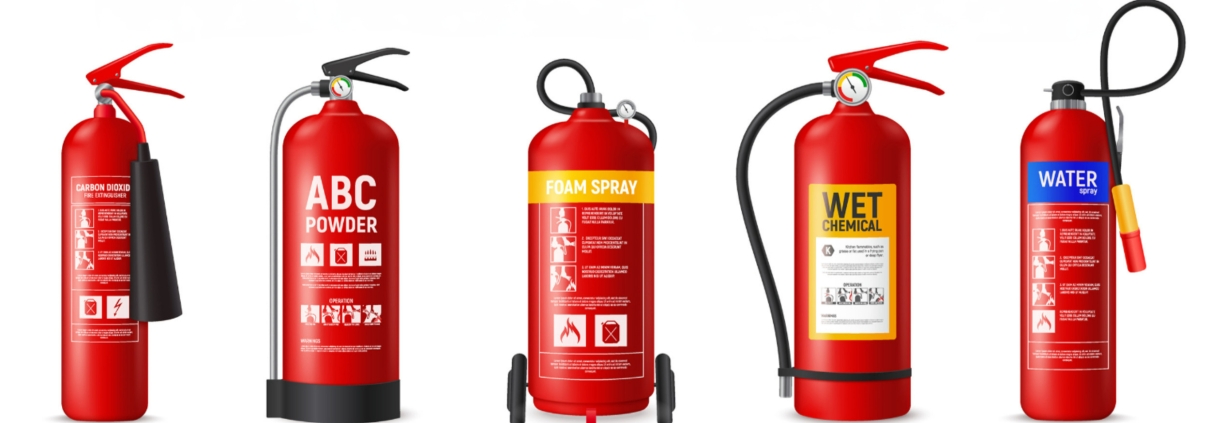 An infographic displaying five different types of fire extinguishers: Carbon Dioxide, ABC Powder, Foam Spray, Wet Chemical, and Water Spray. Each extinguisher is labeled with its type and shows a distinct design and color coding. The title reads 'EXTINGUISHER TYPE CYLINDER CONTAINS,' indicating the contents and uses of each extinguisher type. The image serves as a visual guide for identifying the appropriate extinguisher for various fire situations.