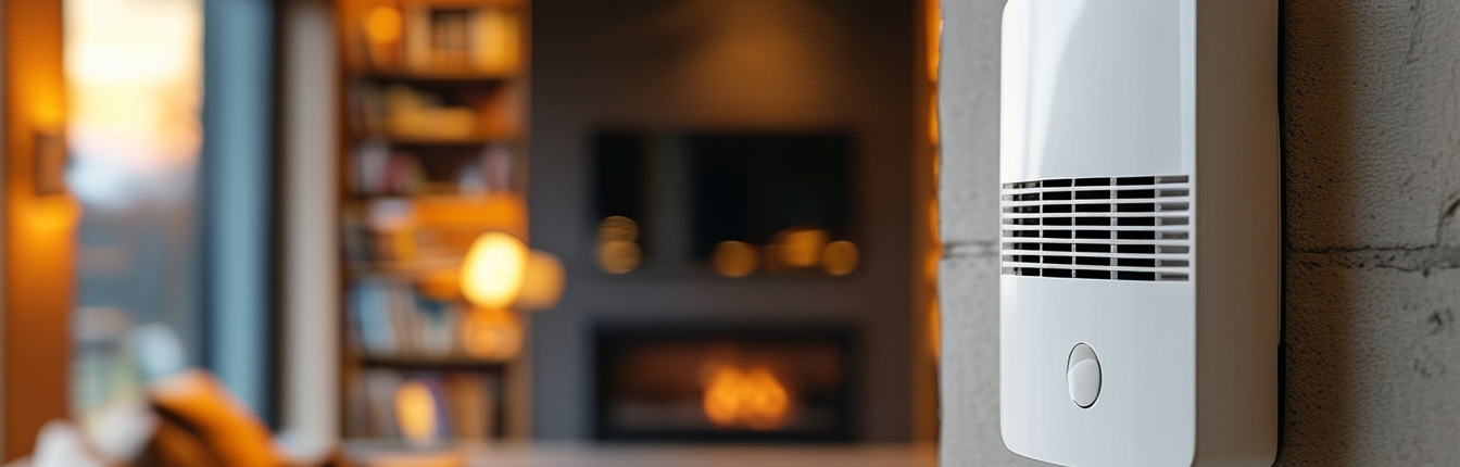 a close-up on a white carbon monoxide detector mounted high on the wall near the ceiling. in the blurry background, a cozy, modern family living room at dusk. The room is warm and inviting, featuring a comfortable sofa, a small bookshelf, and a fireplace in the background. Natural light filters in through a nearby window, creating a peaceful ambiance.