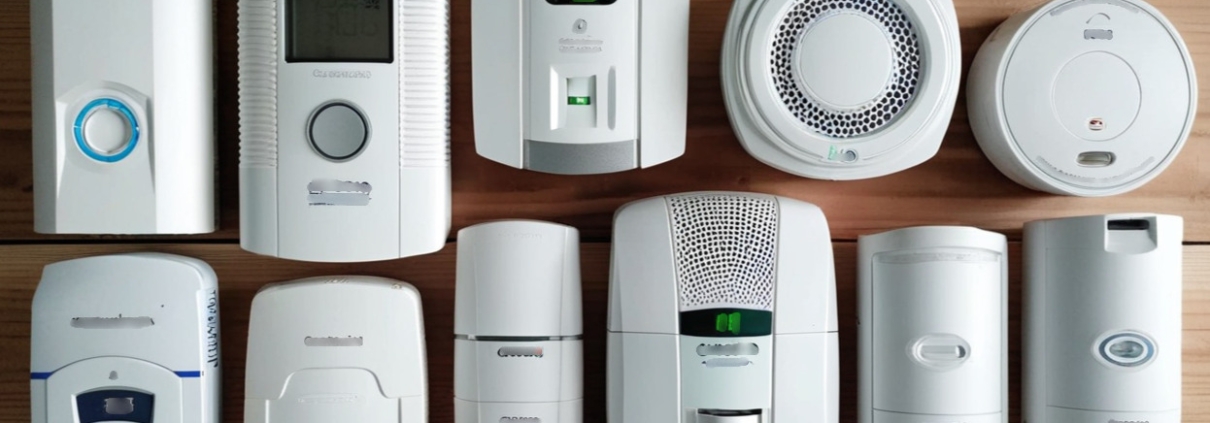 A close-up view of different types of carbon monoxide detectors laid out on a clean, wooden table. The display includes battery-operated, plug-in, hardwired, and combination detectors. The background is slightly blurred, drawing focus to the detectors, showcasing their various designs and features. This visual serves to educate readers on the variety of options available for home safety.