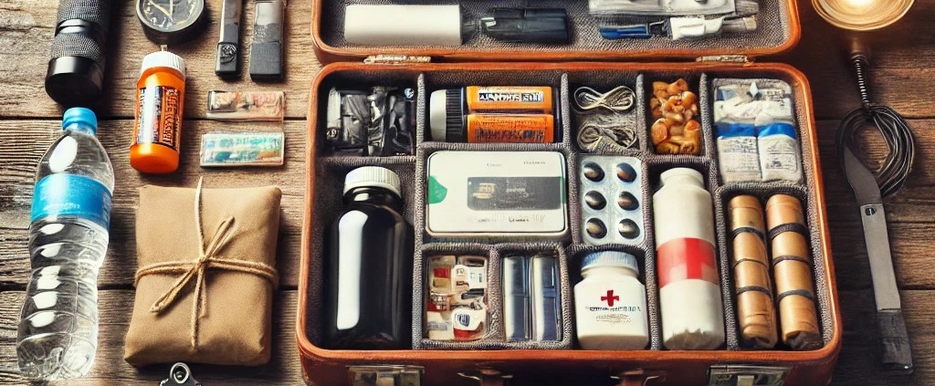 A realistic image of a pre-packed emergency kit laid out on an old, rustic wooden table. The kit includes items such as a first aid box, water bottles, snacks, a flashlight, extra batteries, a bundle of important documents like IDs and papers, a smartphone, a phone charger, and a bottle of medication. The arrangement should be casual yet organized, with warm lighting to create a sense of readiness and preparedness.